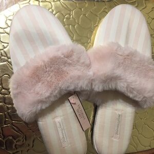Victoria's Secret Signature PINK & White Fur Satin Slippers